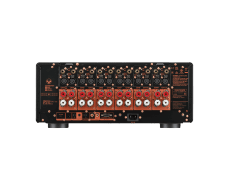 Panel trasero del Marantz AMP 20 con 12 entradas XLR y RCA y bornes de parlantes