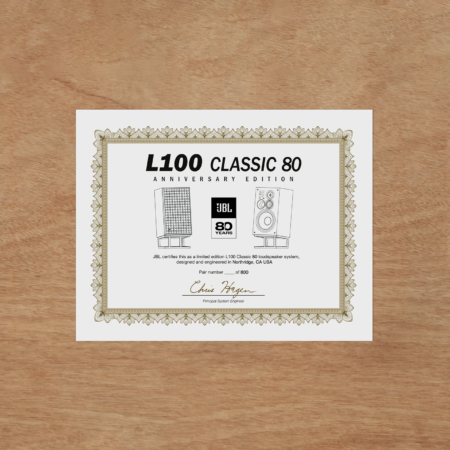 Certificado de autenticidad del JBL L100 Classic 80 edición limitada Certificado de autenticidad del JBL L100 Classic 80 edición limitada