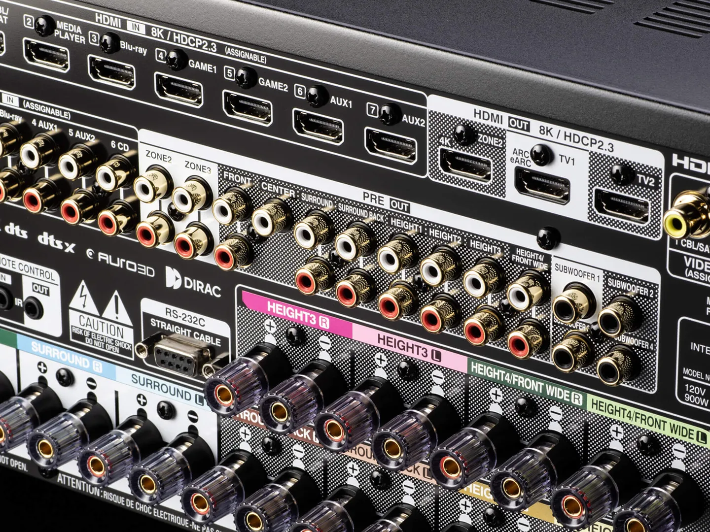 Panel trasero del Denon AVR-A10H con entradas HDMI 8K, preouts y bornes de parlantes
