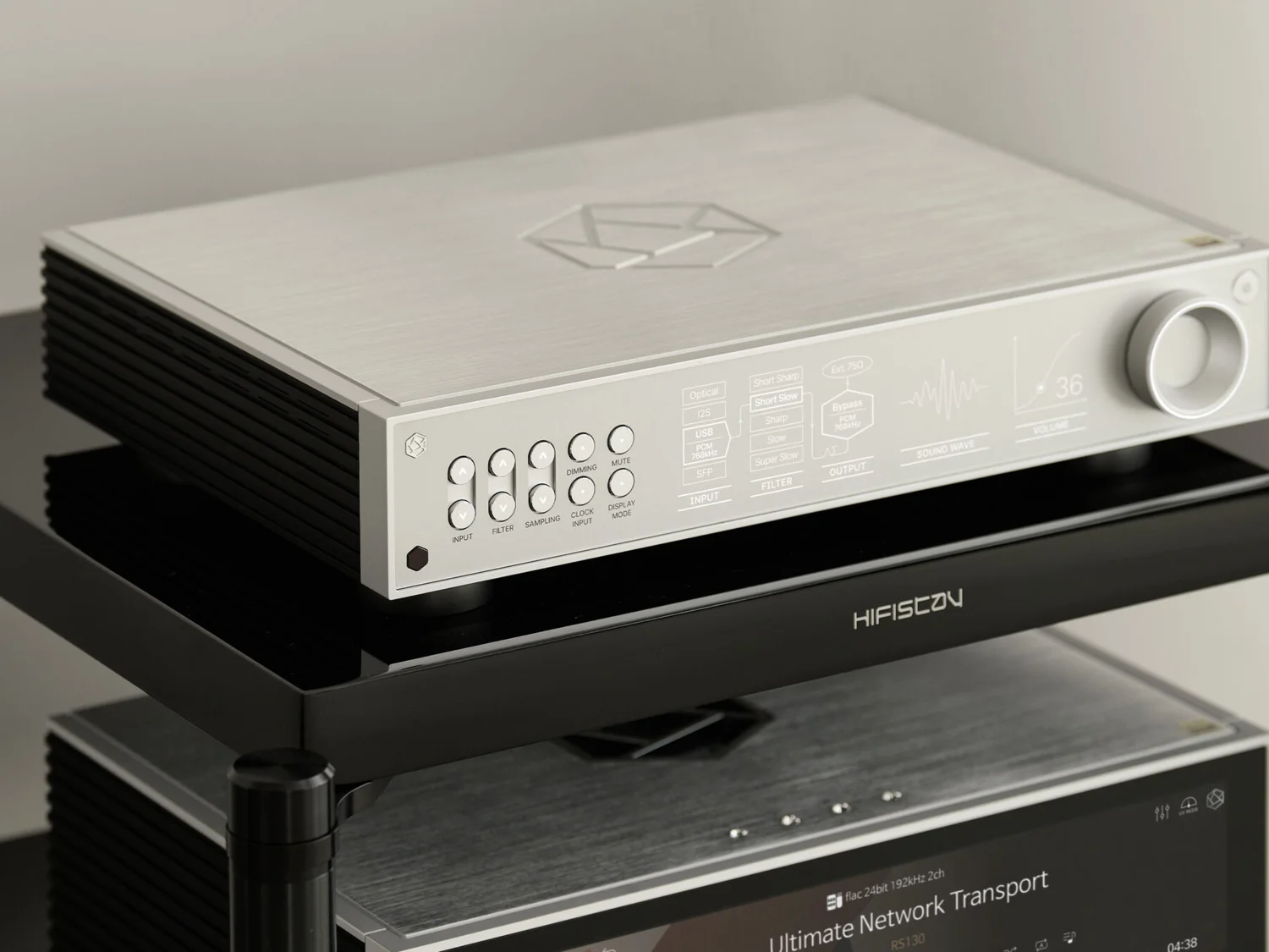 DAC y preamplificador HiFi Rose RD160 sobre un rack de audio