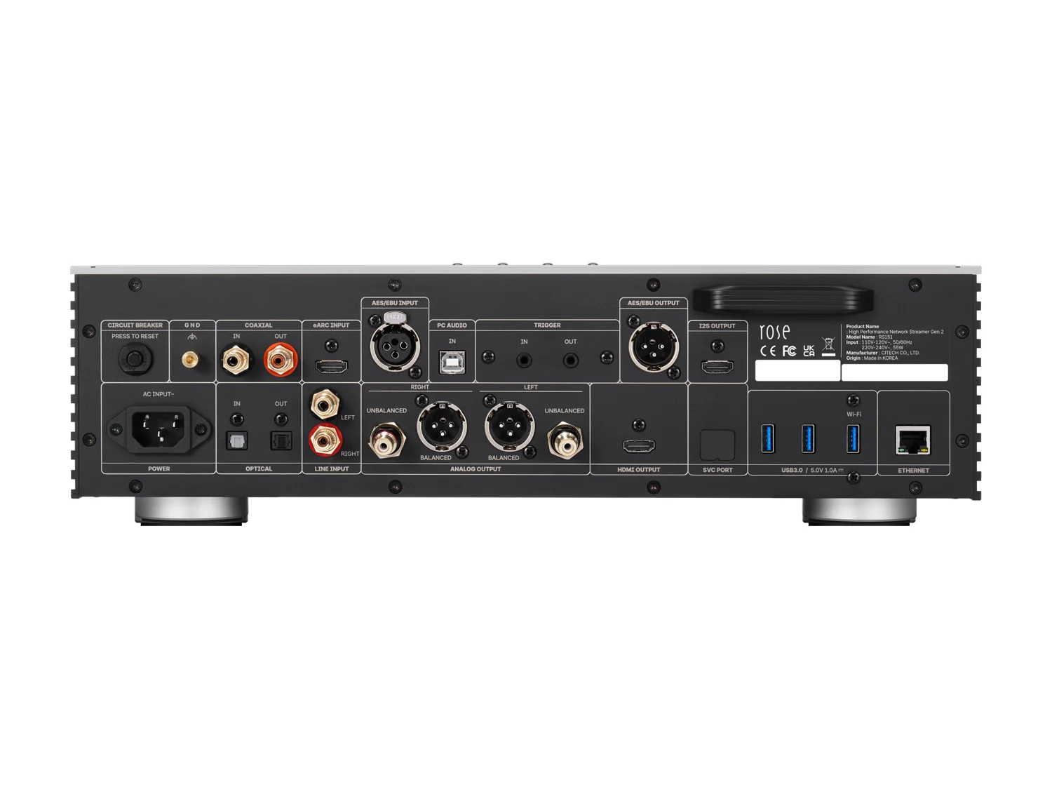 Panel trasero del HiFi Rose RS151 con salidas XLR y RCA, entradas digitales, HDMI eARC y USB