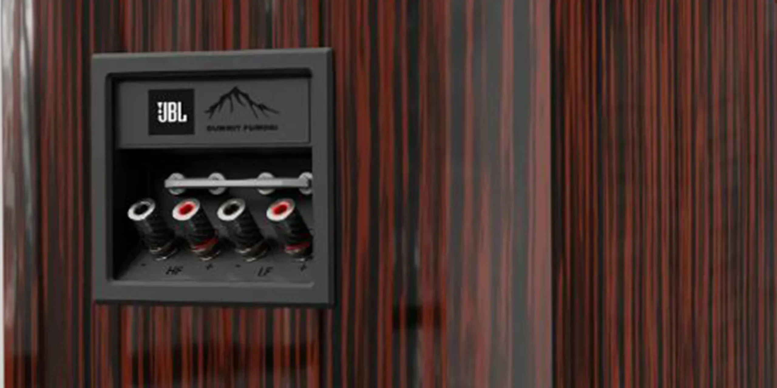 Borneras rodiadas del JBL Summit Pumori para bi-wiring y bi-amplificación