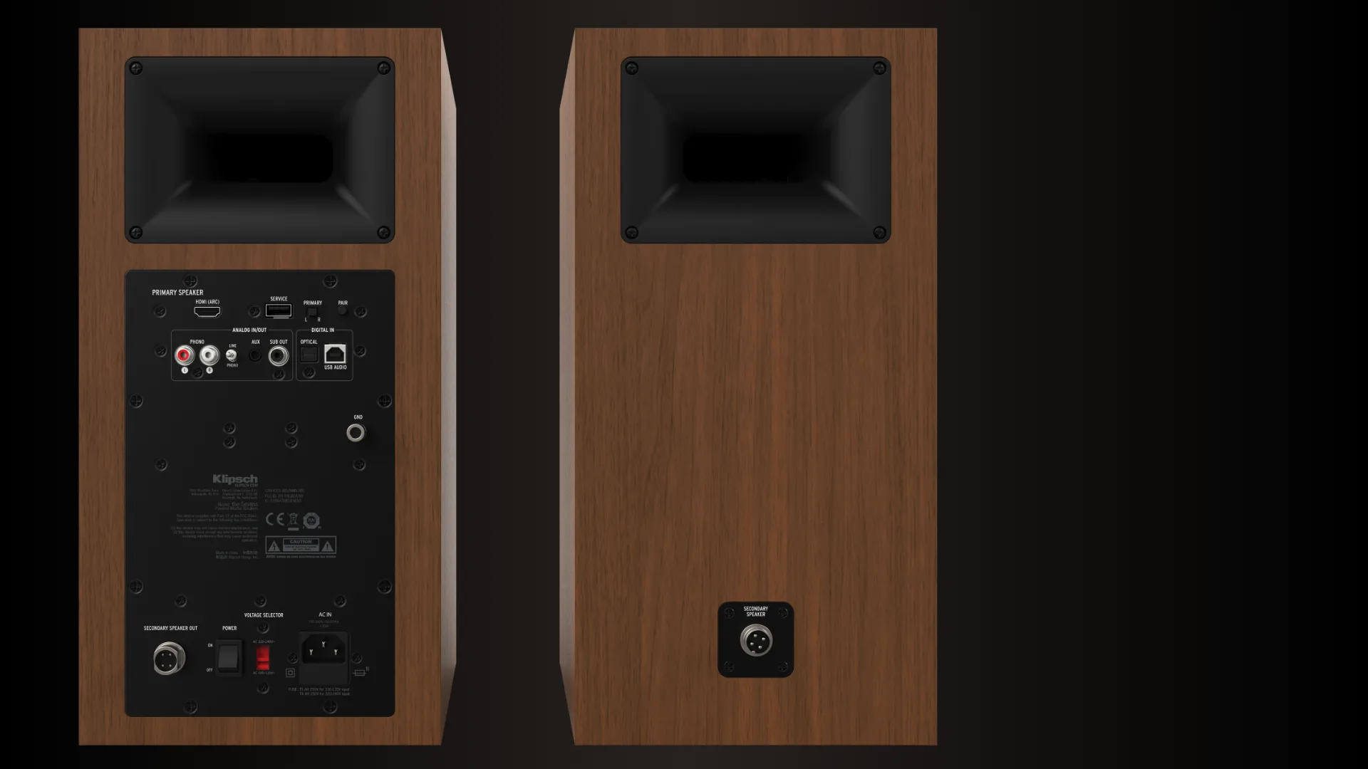 Panel trasero de los Klipsch The Sevens con HDMI ARC, entrada phono y salida de subwoofer