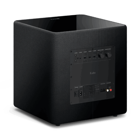 KEF Kube 10 MIE vista trasera en ángulo con su panel de conexiones