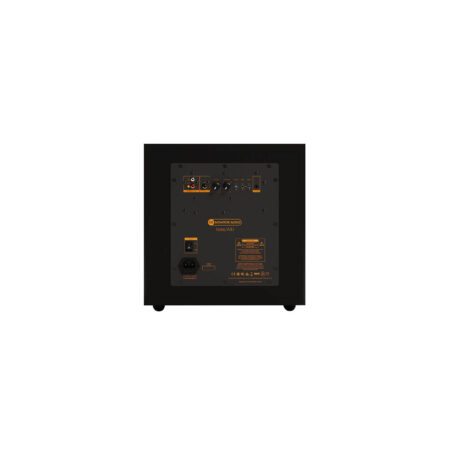 Monitor Audio Vestra W10 panel trasero con entradas LFE, RCA y controles