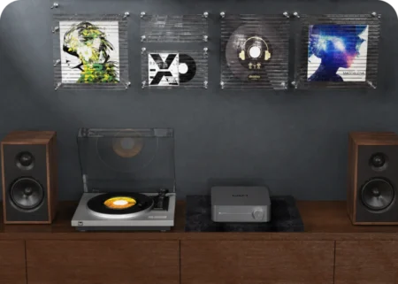 WiiM Amp Pro con giradiscos y bafles de estante en un living