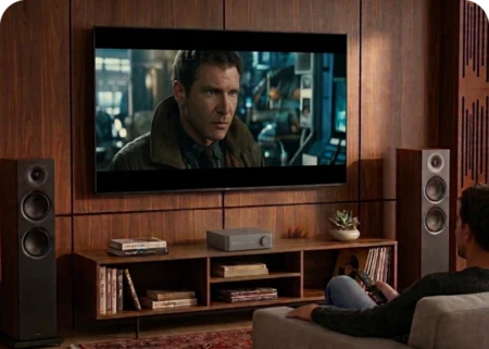 WiiM Amp Pro conectado al televisor en un sistema de cine en casa
