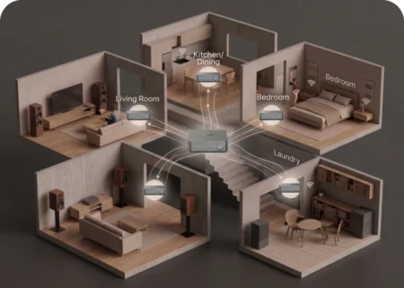 Sistema multiroom con WiiM Amp Pro en toda la casa