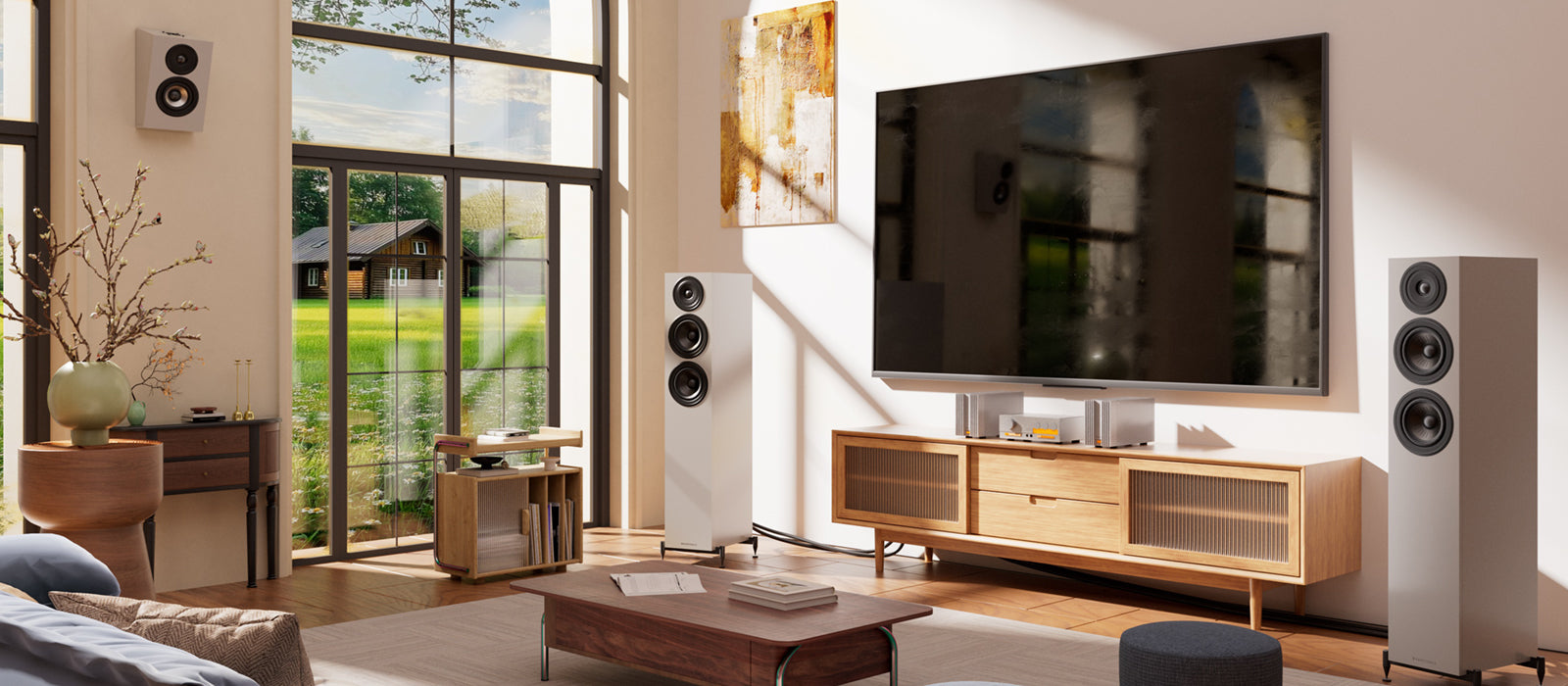 Wharfedale Diamond 12.4i bafles de piso en un living con TV