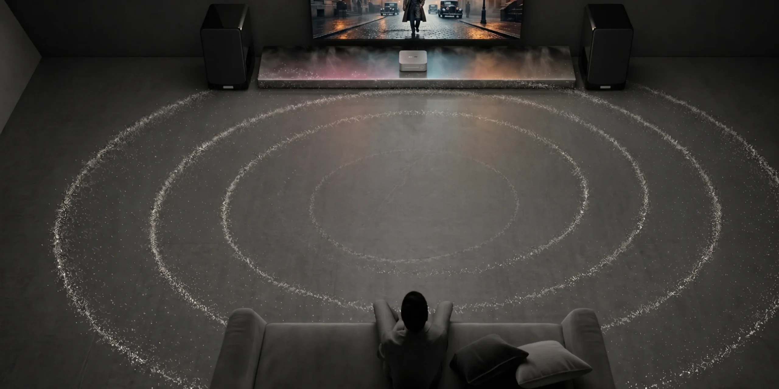 Corrección de sala AI RoomFit del WiiM Amp Pro en una sala de cine en casa