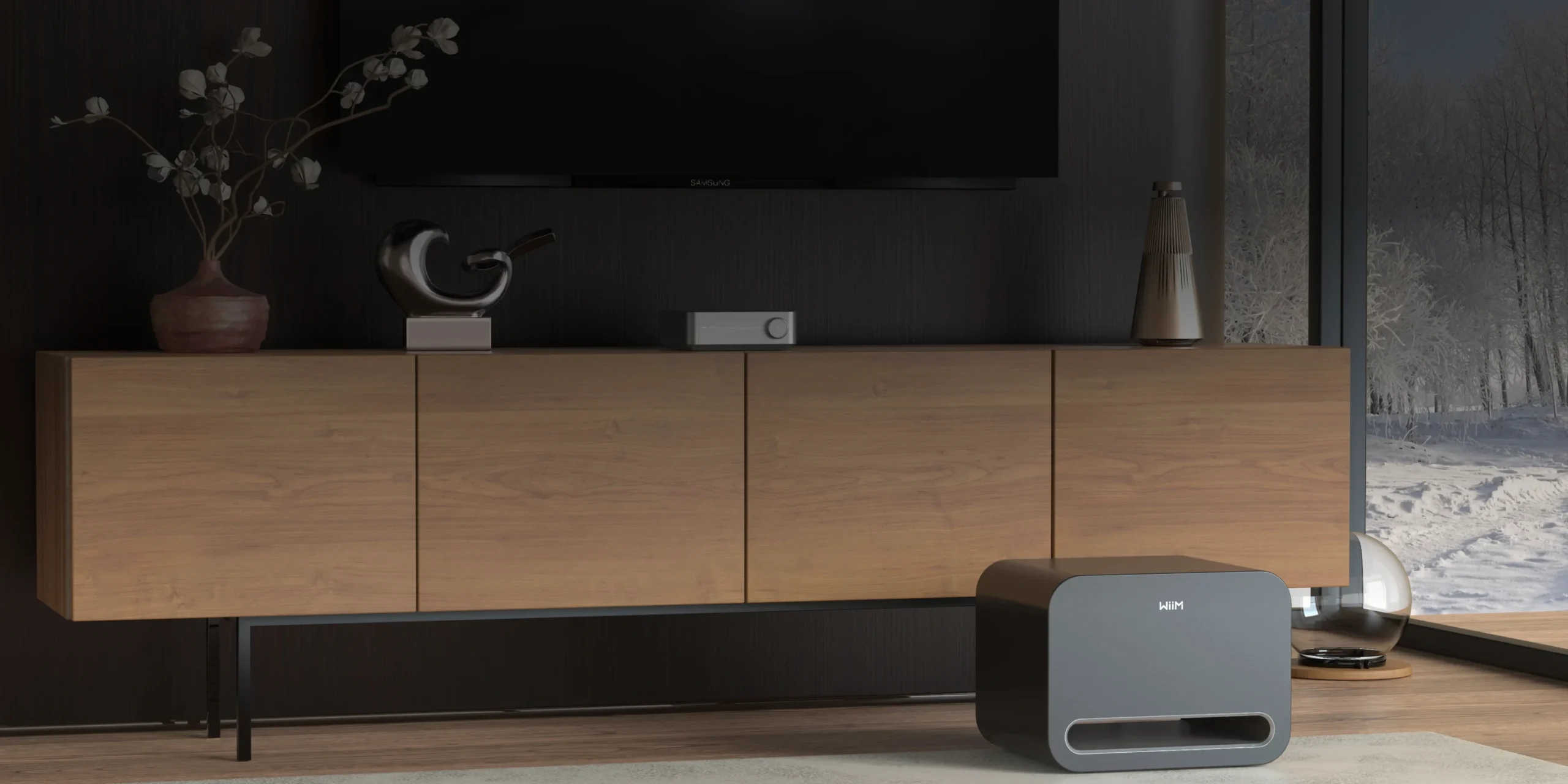 WiiM Amp Pro en un living con televisor y subwoofer