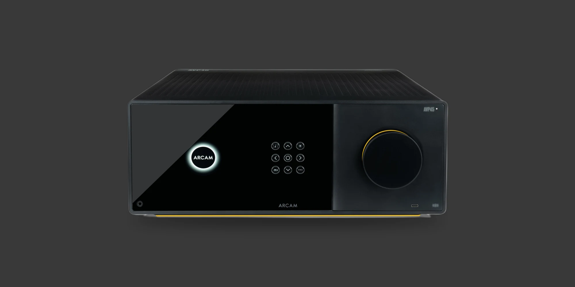 Arcam AVP45 vista frontal superior con el logo iluminado
