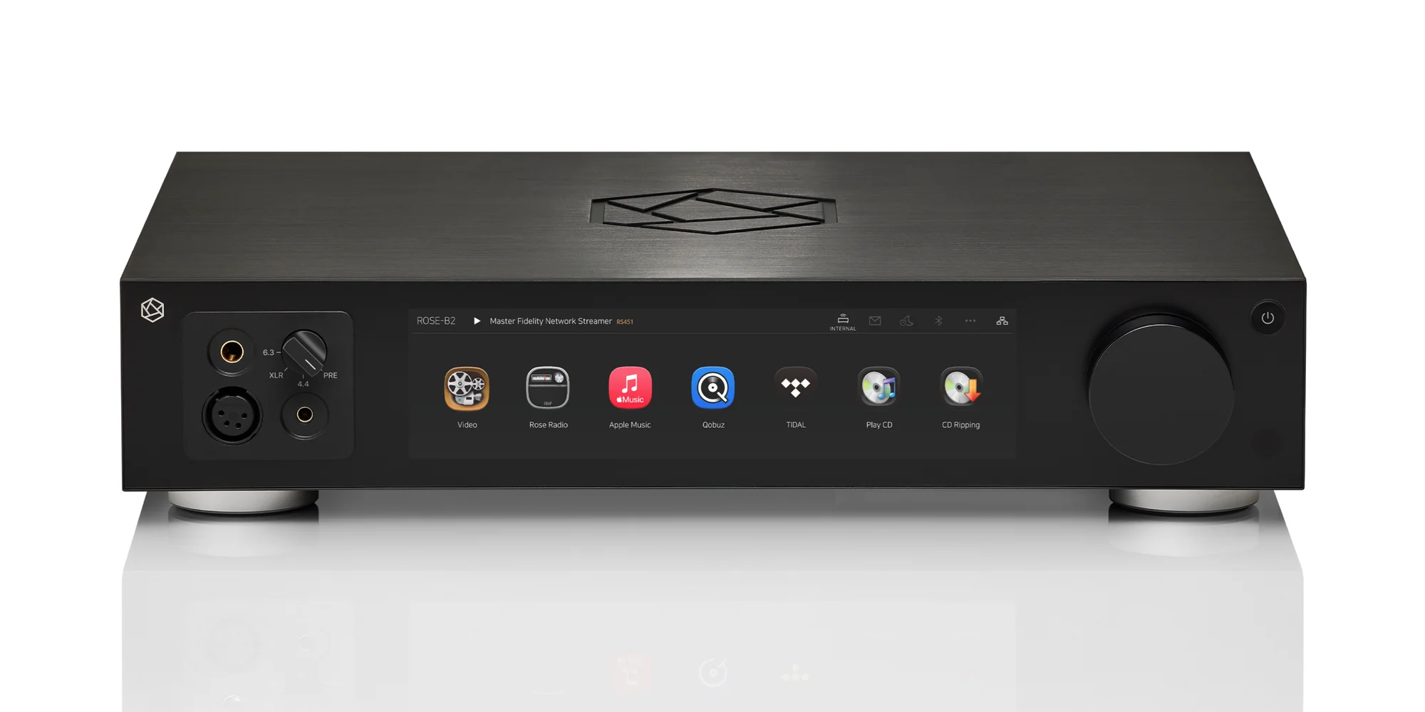 HiFi Rose RS451 mostrando TIDAL, Qobuz y Apple Music en su pantalla táctil