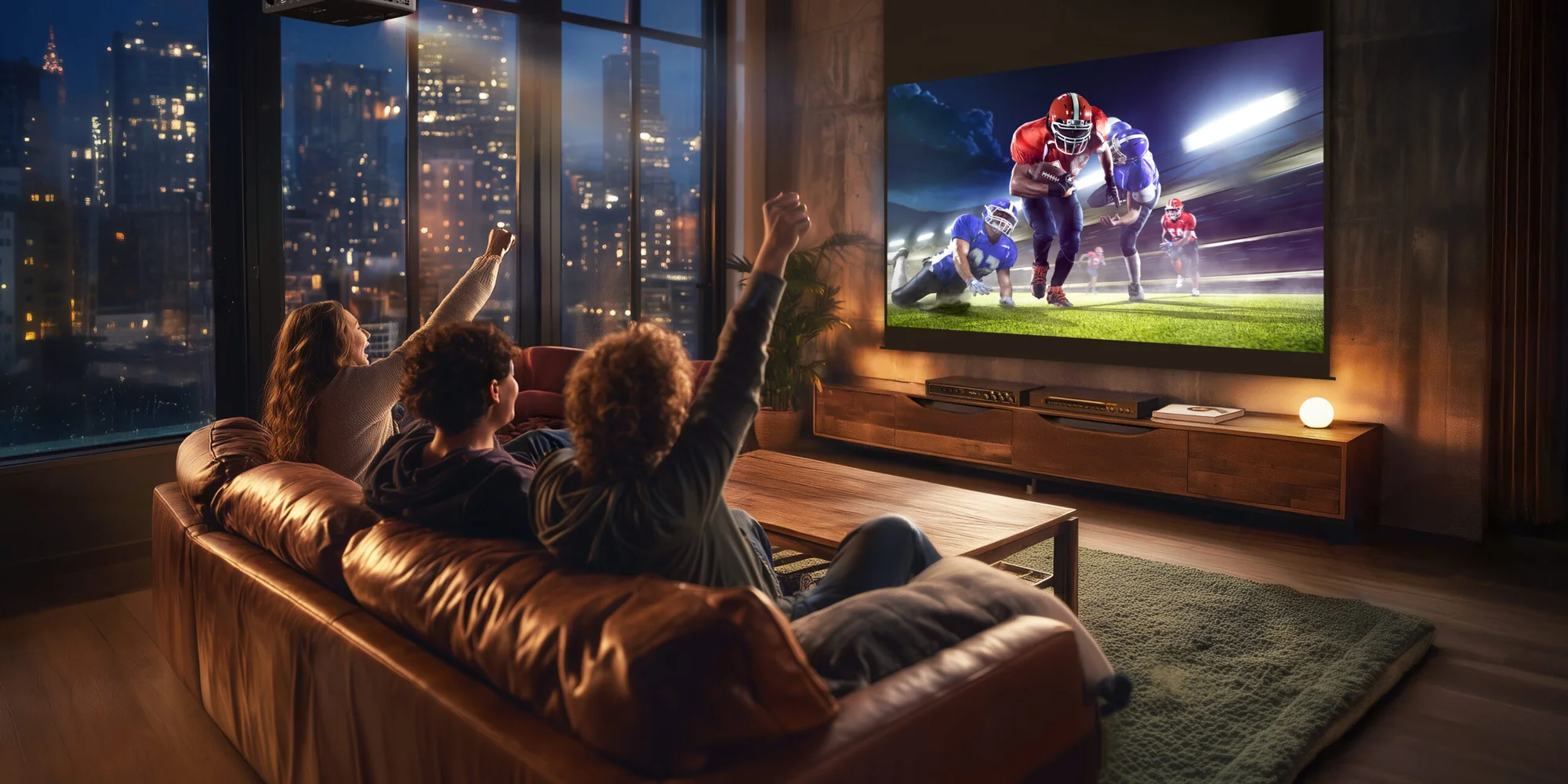 Proyector láser 4K Optoma UHZ58LV proyectando un partido en un living con amigos