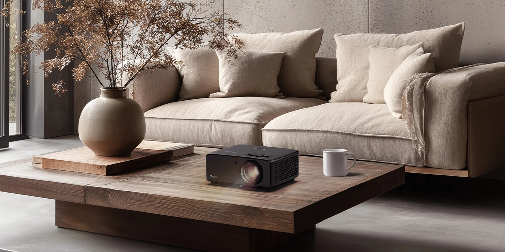 Proyector compacto Optoma UHZ58LV sobre una mesa ratona en un living